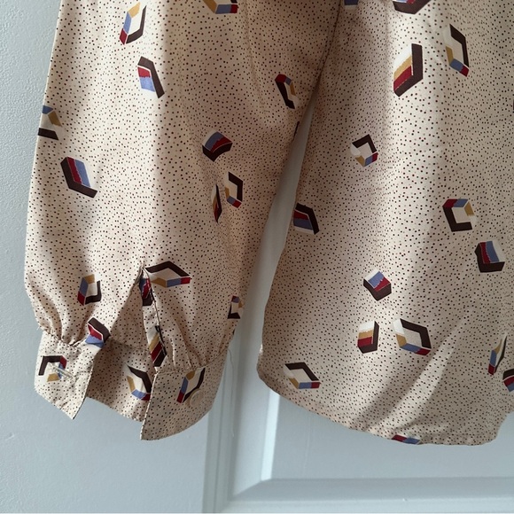 Vintage 80s Personal Beige Geometric Pattern Blouse Long Sleeves Women’s Size 12 - Picture 10 of 16